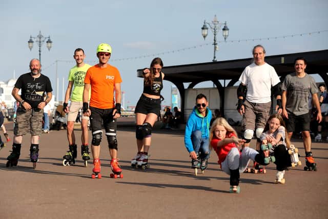 From left at back: John Douglas (trainer), Gareth Tyson Hoole, Joa (one of the founders and coordinator of PSG), Carole Searle (trainer), Fernando Camarillo (coordinator and founder of PSG), Adrian Feltham (moderator and trainer of PSG). In front: two young skaters. 
Other PSG trainers are Arthur Rudnitsky, Colin Barfoot, Ellie Rose Waite, and Tracy Jacks. 
Picture: Sam Stephenson