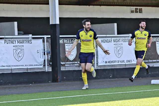 Matt Paterson celebrates scoring for Gosport at Merthyr. Picture by Tom Phillips
