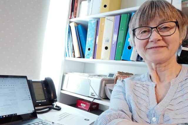 Citizens Advice volunteers have been working from home throughout the pandemic to help support people in need. Pictured: Sue Craft working from home