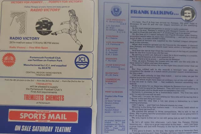 Frank Burrows' programme notes for the FA Cup first round tie against Newport in November 1979.