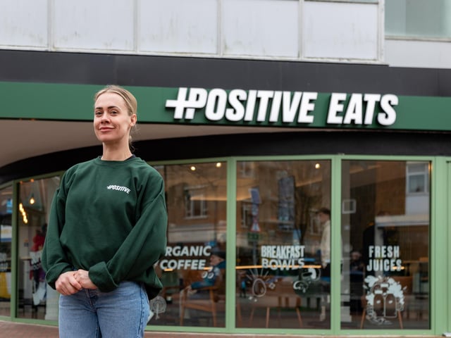 Owner Lynsay Crellin outside the new branch of Positive Eats on Palmerston Road. Picture: Mike Cooter (030224)