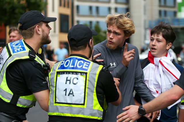 Police had to have verbal exchanges with some of the protestors. Picture: Chris Moorhouse (030824-51)