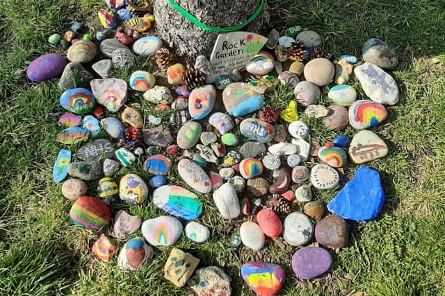 Lillith McVicar, six, set up this community rock garden with her mum Jenni McVicar to spread a bit of joy in these times - it now has more than 100 rocks. Pictured: The rock garden now