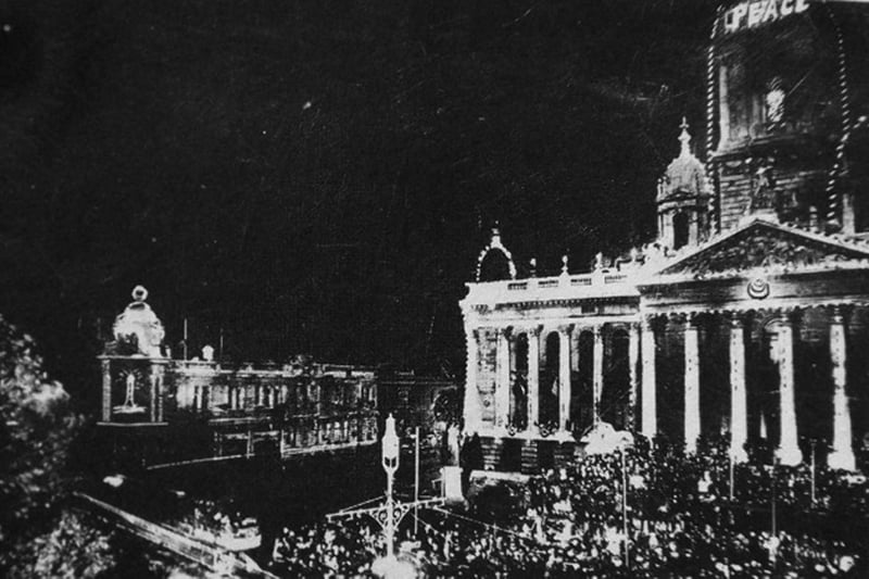 The Town Hall, now the Guildhall, lit up for the Armistice celebrations.