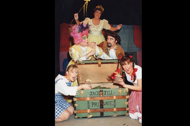 Babes in the Wood at St James' Hospital in 1996. Bottom left clockwise: Kaye Porley, 23, as Jack, Terry Moore, 45, as Mistress Upsadaisy, Phyllis Morris, 54, as Woodland Fairy, Randy Vince, 43, as Squire Graball, and Francis Howes, 25, as Jill in the Babes in the Wood at St James' Hospital in 1996 PP1974