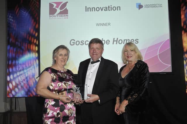 Innovation Winner Goscombe Homes at the Southern Business Awards, run by The News' owner JPIMedia, with sponsor Pat Smith from the University of Portsmouth Business School.