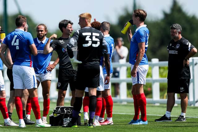 Danny Cowley addresses Pompey's players during a drinks break in their friendly encounter with Bristol City. Picture: Rogan/JMP