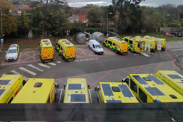 Ambulances backed up at Queen Alexandra Hospital in Cosham on November 4.