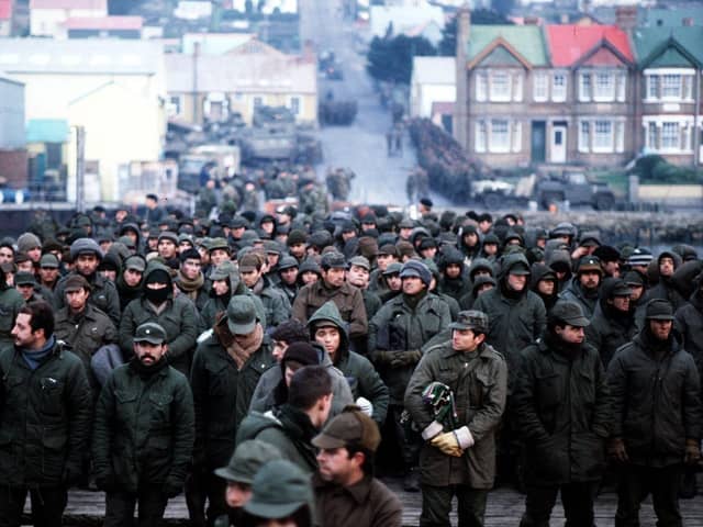 Argentine prisoners of war massed in Port Stanley, capital of the Falkland Islands, after their surrender to the British Falkland Islands Task ForcePicture: PA Wire.