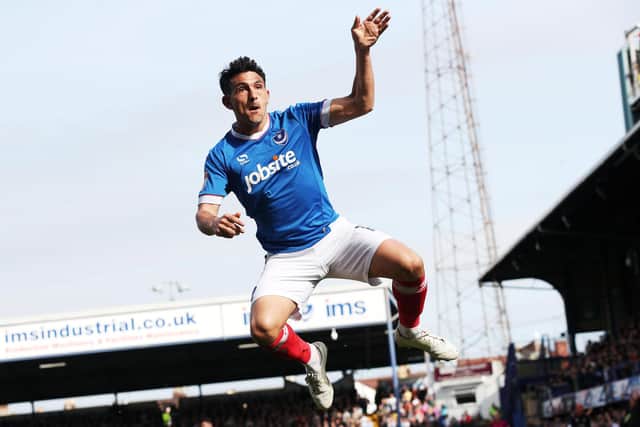 Gary Roberts celebrates scoring for Pompey. Picture: Joe Pepler