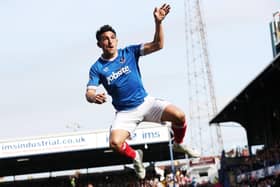 Gary Roberts celebrates scoring for Pompey. Picture: Joe Pepler