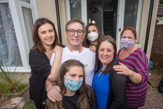Grandfather, Peter Callaway returns home after a three-month hospital battle against Covid-19 on Friday, June 19.
Pictured: From left, Peter's granddaughter, Phoebe Callaway, daughter Vicky Callaway, Daisy Callaway and  Cerys Palmer and his wife, Linda Callaway.  Picture: Habibur Rahman