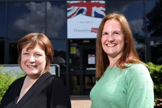 Finance director Carole Ellis and managing director Angela Saunders, right. Hampshire Flag Company Ltd, Pipers Wood Industrial Park, WaterloovillePicture: Chris Moorhouse (jpns 130721-05)