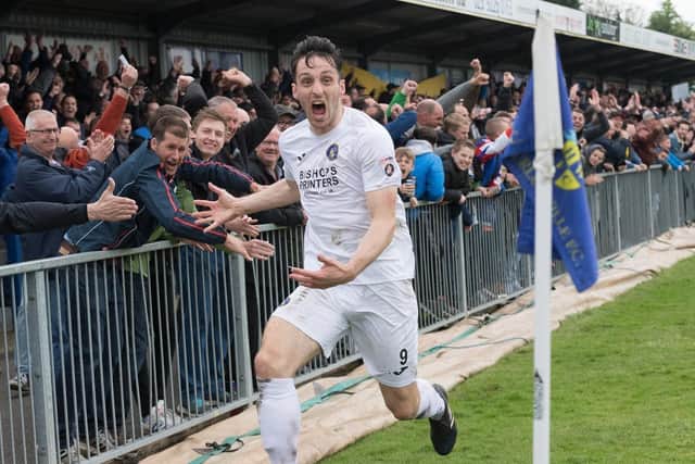 Jason Prior celebrates his winner against Concord Rangers in April 2018 that took Hawks into the National League. Prior signed for Dorking a few weeks later.