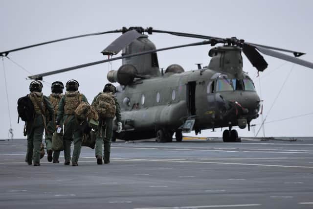 RAF CH-47 Chinook (ZD984) embarked onboard HMS Prince of Wales conducting deck landing serials.

