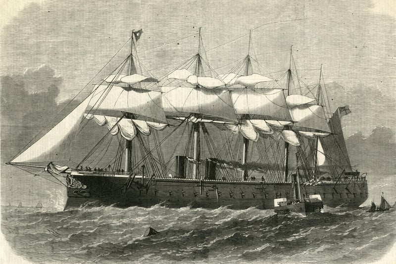 An engraving of HMS Minotaur a Minotaur-class single screw 28 rifled muzzle loading gun armoured frigate at sea following her commissioning as the flagship of the Channel Squadron on 1 April 1867 off Portsmouth, England. Original publication: Illustrated London News. (Photo by Illustrated London News/Hulton Archive/Getty Images)