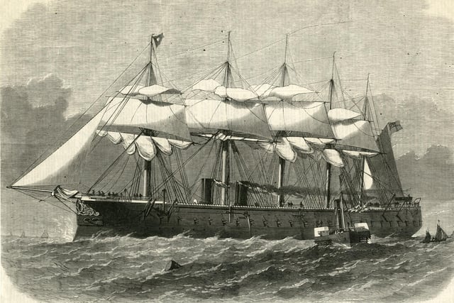 An engraving of HMS Minotaur a Minotaur-class single screw 28 rifled muzzle loading gun armoured frigate at sea following her commissioning as the flagship of the Channel Squadron on 1 April 1867 off Portsmouth, England.  Original publication: Illustrated London News. (Photo by Illustrated London News/Hulton Archive/Getty Images)