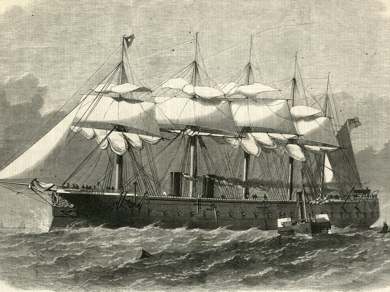An engraving of HMS Minotaur a Minotaur-class single screw 28 rifled muzzle loading gun armoured frigate at sea following her commissioning as the flagship of the Channel Squadron on 1 April 1867 off Portsmouth, England. Original publication: Illustrated London News. (Photo by Illustrated London News/Hulton Archive/Getty Images)