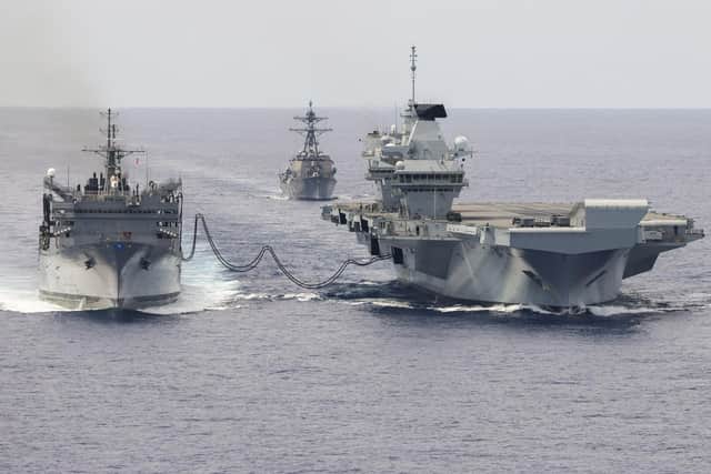 Pictured: HMS Prince of Wales Replenish at Sea, taking on fuel from USNS Supply. Picture: LPhot Unaisi Luke/Royal Navy.