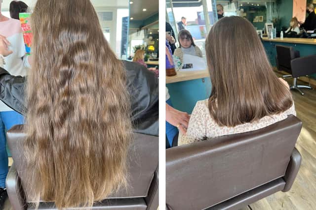 Lana Brown, 9, before and after her hair cut for the Little Princess Trust which raised £1,000 in sponsorship for her surgery