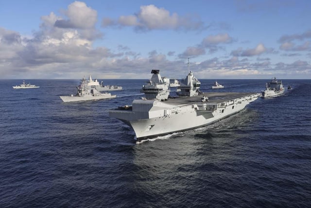 The UK-led Carrier Strike Group amalgamates with the NATO Amphibious Task Group and additional Norwegian naval units for a PHOTEX 13 Mar 24. Aircraft participating in the flypast were six Finnish F18 and two Swedish JAS-39. Fifteen ships sailed in the formation.
