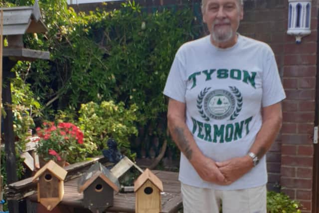 Ian Hill from Southsea with the bird houses he has made to sell to make money for staff at Queen Alexandra Hospital 