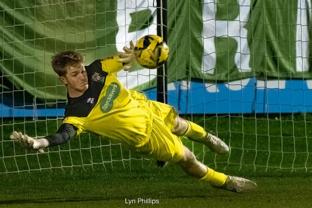 Toby Steward saved three penalties for Bognor in their shoot-out triumph over Lewes in the FA Trophy. Picture: Lyn Phillips