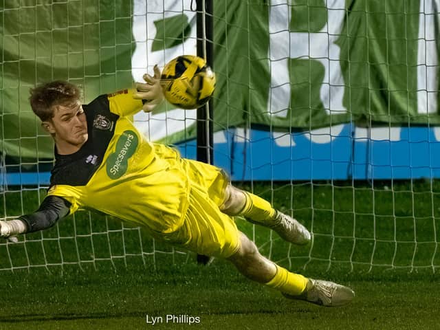 Toby Steward saved three penalties for Bognor in their shoot-out triumph over Lewes in the FA Trophy. Picture: Lyn Phillips