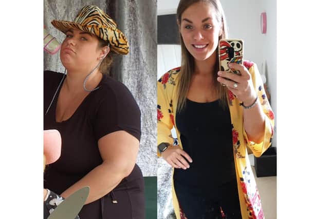 Jordie Rolfe from Waterlooville has lost 7stone 11lb in 60 weeks with Slimming World and has been nominated as her group's Woman of the Year. Pictured: Jordie before and after losing weight