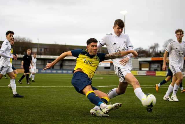 Moneyfields striker Callum Laycock shoots against Portland. Picture by Alex Shute