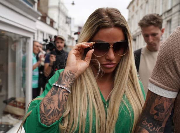 Katie Price leaving Lewes Crown Court, East Sussex, where she was sentenced to an 18-month community order with 150 hours of community service with an additional 20 hours for breach of a suspended sentence for driving matters. She was also ordered to pay £1,500 court costs, for breaching a restraining order. Picture: Gareth Fuller/PA Wire.