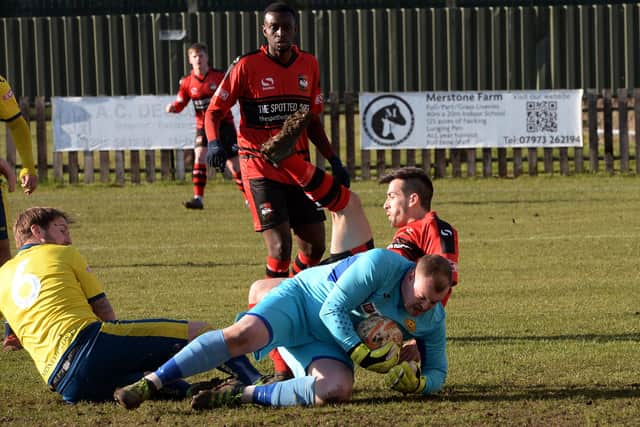 Moneyfields keeper Steve Mowthorpe in possession during his side's Southern League trip to Aylesbury United in February 2018. The two clubs meet again in the FA Cup next week. Pic: Jake McNulty.