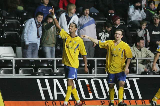 Rocky Baptiste, left, celebrates his FA Cup goal in the third round at Swansea in January 2008.