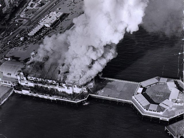 An aerial view of South Parade Pier fire in 1975