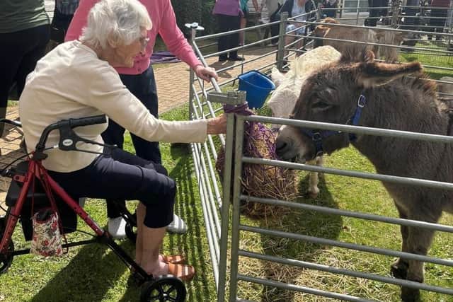 Residents at Parker Meadows feeding their new furry friend