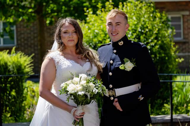 Pictured: Lance Corporal Jake Kennedy & Petty Officer Naval Nurse (QARNNS) Jo Parke at their marriage at St Ann's Church.