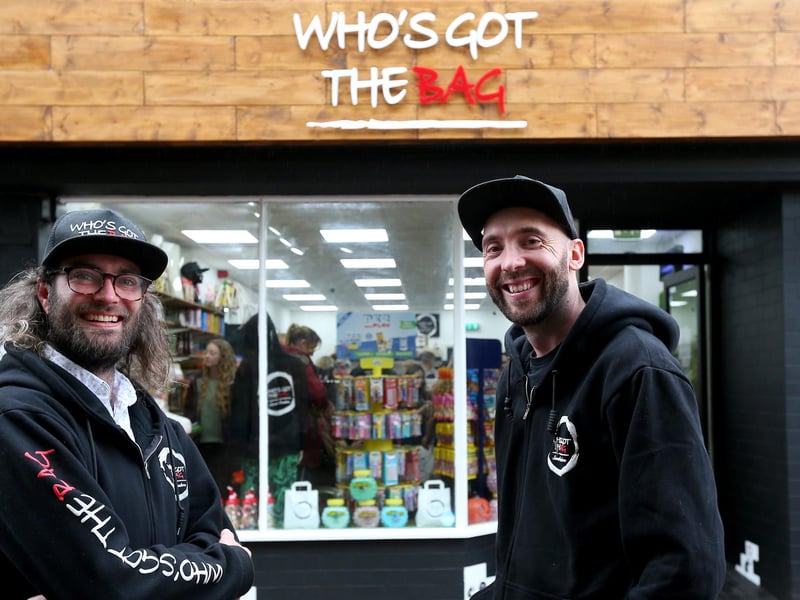Jonathan Doidge, left, and business owner James Epps. Opening of Who's Got The Bag sweet shop in High Street, Gosport
Picture: Chris Moorhouse (jpns 211023-35)