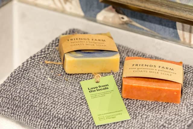 Soap showcased in the bathroom from a family run shop based in Swanwick village.