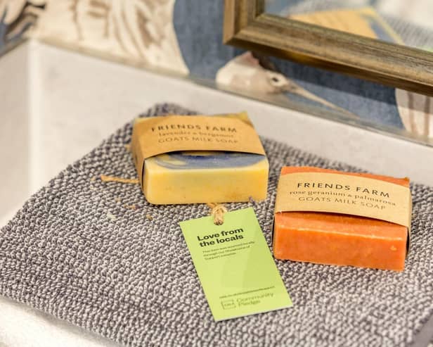 Soap showcased in the bathroom from a family run shop based in Swanwick village.