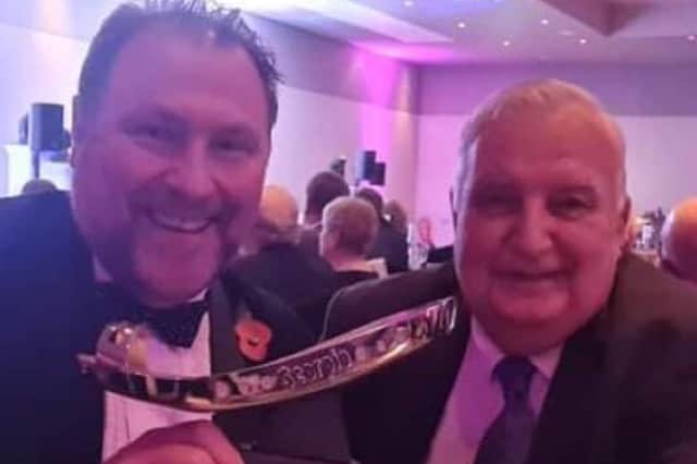 Wightlink Warriors co-owners Barry Bishop, left, and Martin Widman with the club's National Speedway Awards honour