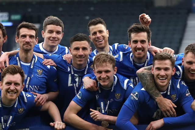 Guy Melamed, back row centre, celebrates St Johnstone's recent League Cup final victory over Livingston.  Picture: Ian MacNicol/Getty Images