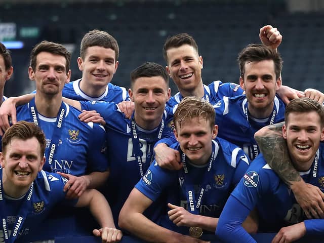 Guy Melamed, back row centre, celebrates St Johnstone's recent League Cup final victory over Livingston.  Picture: Ian MacNicol/Getty Images