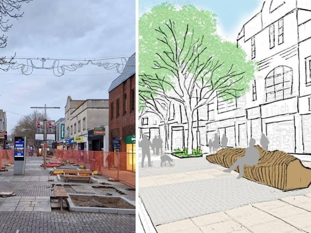Left is the current state of Commercial Road. Right is concept art of what the area could look like when the project is complete.