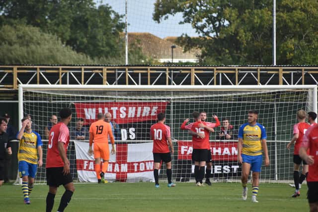 Ethan Jones has scored Fareham's third goal against Laverstock from the penalty spot. Picture by Paul Proctor