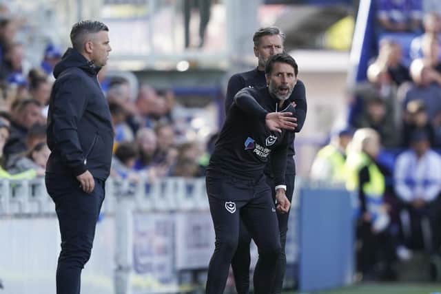 Pompey boss Danny Cowley on the touchline during today's game with Plymouth