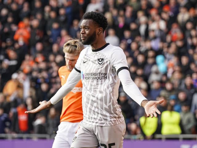 Abu Kamara protests to referee Ed Duckworth in Pompey's goalless draw at Blackpool. Picture: Jason Brown.