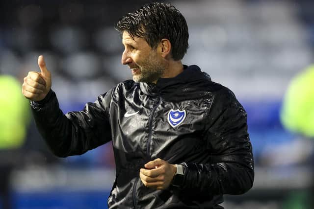 Danny Cowley celebrates as Pompey win their second league match from a losing position.   Picture: Robin Jones