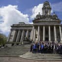 Member of Portsmouth FC, city dignitaries and volunteers on  the steps of Portsmouth Guildhall before a civic reception to mark the club's successful 125th anniversary season. Picture by Jason Brown