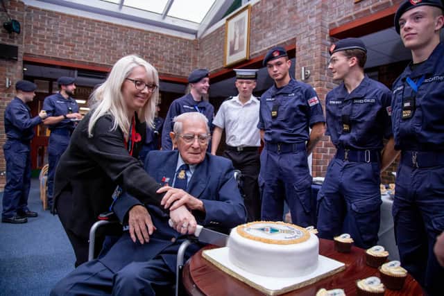 World War Two veteran Bernard Beckett visits HMS Collingwood to celebrate his birthday on Monday 31st October 2022
Pictured: Bernard Beckett cutting his cake with Claire Smith of the Royal British Legion at HMS Collingwood, Gosport
Picture: Habibur Rahman