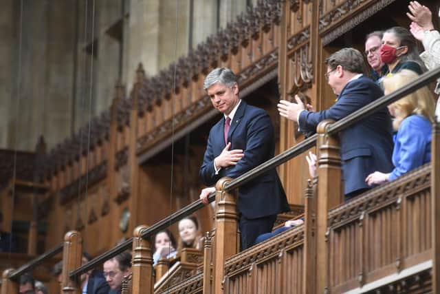UK Parliament/Jessica Taylor Handout photo issued by UK Parliament of ambassador of Ukraine to the UK Vadym Prystaiko in the public gallery as he was given a standing ovation by MPs. Picture date: Wednesday March 2, 2022.